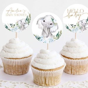 Elephant Cupcake Toppers, Boy Baby Shower Cupcake Toppers, Printable Blue Floral Baby Shower Cupcake Topper, Editable Cupcake Toppers Baby image 3