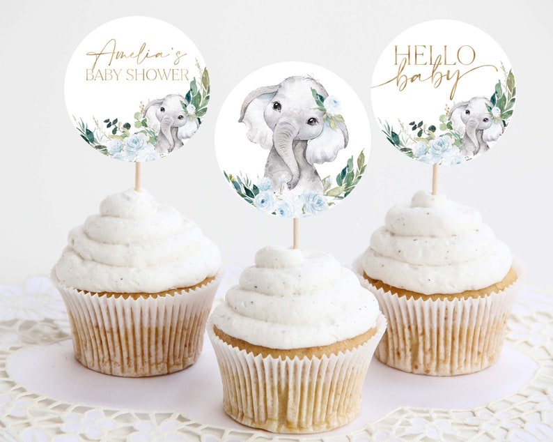 Elephant Cupcake Toppers, Boy Baby Shower Cupcake Toppers, Printable Blue Floral Baby Shower Cupcake Topper, Editable Cupcake Toppers Baby image 3