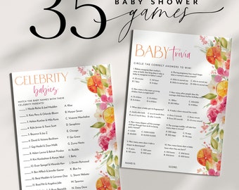 Citrus Baby Shower Games, Orange Baby Games Printable, Bright Flowers Girl Baby Shower Games Bundle Citrus Pink, Citrus Floral Baby Bunch