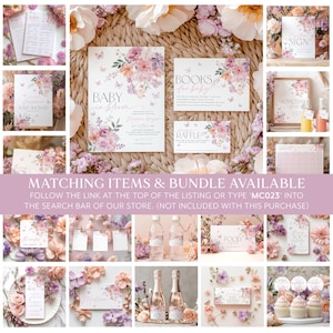May include: A set of printable baby shower decorations featuring a floral design with butterflies in shades of pink, purple, and peach. The set includes a sign, a welcome sign, a book for guests to write messages, a raffle ticket, and a sign for a mimosa bar. The text on the signs reads "Baby in Bloom", "Books for Baby", "Raffle", "Sign", and "Mimosa Bar".