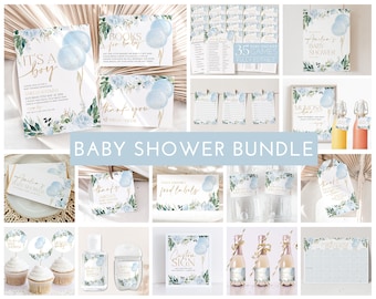 Puede incluir: Un paquete de baby shower azul y blanco con un tema de globos de acuarela. El paquete incluye invitaciones, tarjetas de agradecimiento, etiquetas para alimentos, juegos y decoraciones. El texto "Es un niño" y "Baby Shower de Amelia" aparecen en las invitaciones.