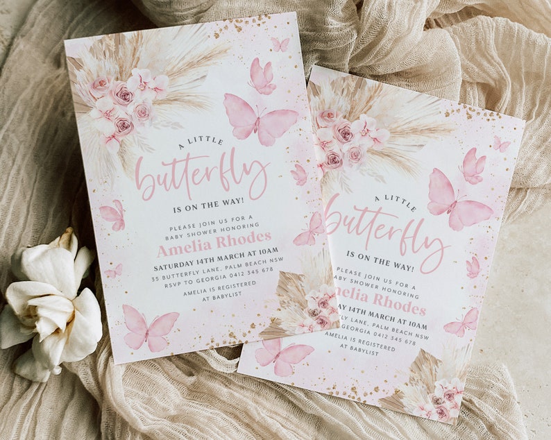 Boho Butterfly Baby Shower Invitation, Pink Butterfly Invitation ...