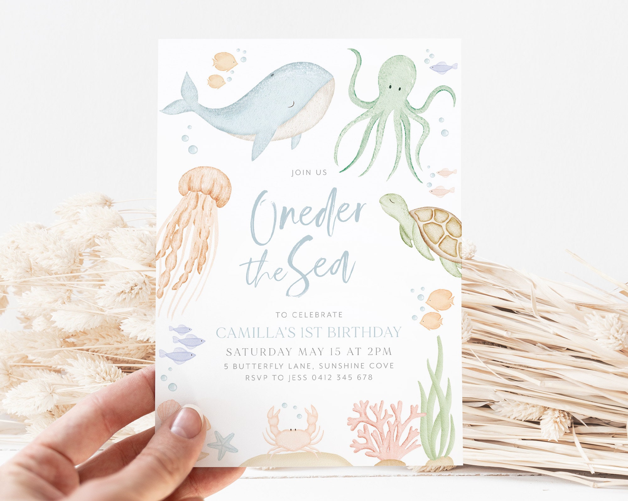 Oneder the Sea Birthday Invitation, Under the Sea Editable Template, 1st  Birthday Invite, Ocean Animals Invitation, Kids Birthday Invite 