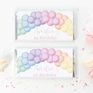 Pastel Rainbow Chocolate Bar Wrapper Template, Printable Candy Bar Wrapper, Balloons 1st Birthday Candy Bar Wrapper, Pastel Birthday Favors