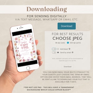 May include: A digital download screen for a printable invitation for a fairy-themed first birthday party. The invitation features a pink and purple floral border with fairies and the text "Camilla's Fairy First Birthday".