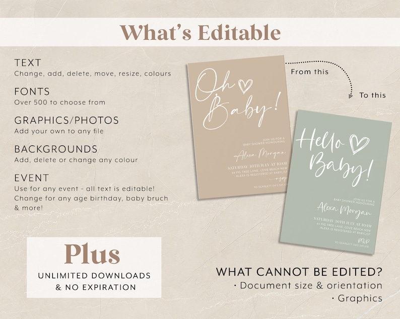 May include: A graphic showing what is editable and what is not editable in a digital invitation template. The editable elements include text, fonts, graphics, photos, and backgrounds. The non-editable elements include document size and orientation, and graphics. The image shows two examples of invitations, one with a beige background and the text "Oh Baby!" and the other with a green background and the text "Hello Baby!"