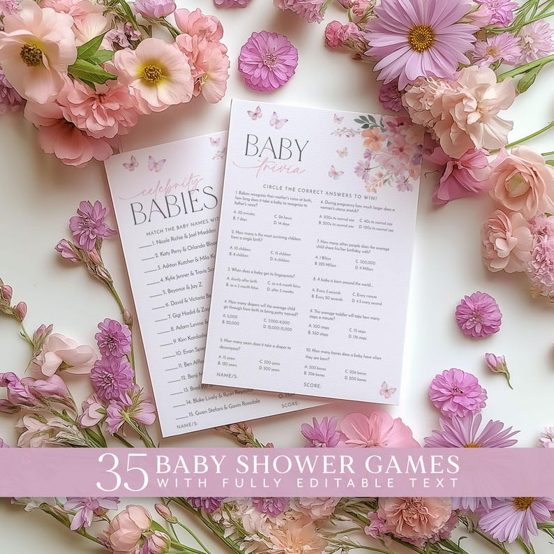 May include: Two printable baby shower game cards with pink floral designs. The first card is titled "Celebrity Babies" and asks players to match baby names to celebrity parents. The second card is titled "Baby Trivia" and asks players to circle the correct answers to trivia questions about babies.