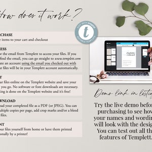 May include: A how-to guide for using Templett, an online template editor. The guide explains the steps for purchasing, accessing, editing, downloading, and printing digital templates. The image also shows a laptop screen displaying a sample template with the text "Charlotte Wedding".