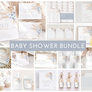 Boho Baby Shower Invitation Bundle, Printable Baby Shower Invitation and Editable Games, Baby Shower Decorations, Blue Boho Baby Shower Boy