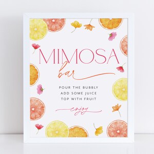 Pu&ograve; includere: Un cartello bianco stampabile con un design ad acquerello rosa e arancione di limoni e fiori. Il cartello dice "Mimosa Bar" e include le istruzioni per "Versare il frizzante, aggiungere un po' di succo, guarnire con frutta, godere".