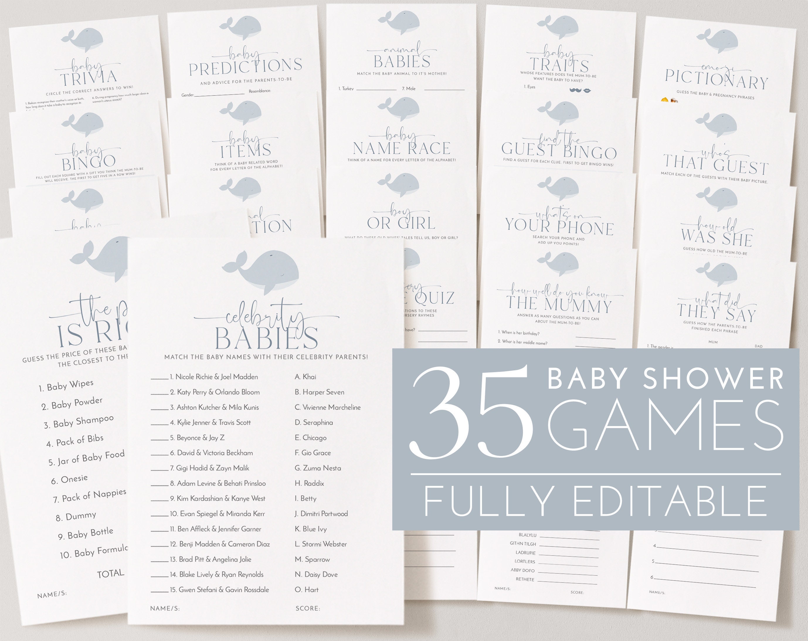 Editable Baby Shower Games Whale Baby Shower Games Printable - Etsy