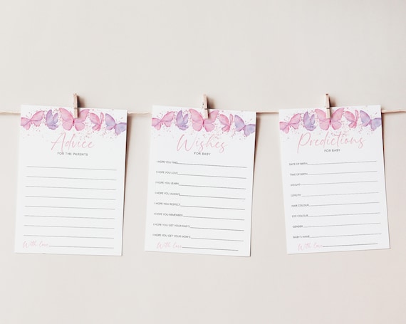 Butterfly Baby Shower Advice Cards, Baby Shower Predictions, Baby Shower Wishes, Advice Card, Editable Games, Butterfly Baby Shower Games
