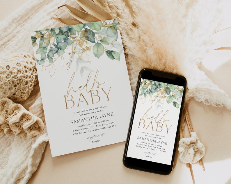 Greenery Baby Shower Invitation, Eucalyptus Invitation Template, Gender Neutral Baby Shower, Baby Boy, Printable, Watercolor Leaves, Phone image 3