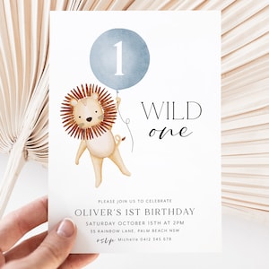 Wild One Birthday Invitation, Lion 1st Birthday Invite, Wild One Invitation Printable, 1st Birthday Boy, Boys Birthday Invitation Blue Lion