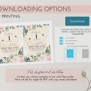 May include: A printable invitation for a first birthday party. The design features floral elements, a honeycomb background, and the text "Charlotte's First Bee-Day!" with the number 1. Download options are available for printing.