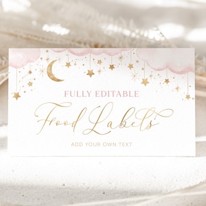 Moon Stars Baby Shower Food Labels, Over the Moon Food Tent Cards, Folded Food Cards, Food Tented Cards, Twinkle Baby Shower, Girl Baby Pink