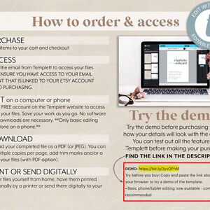 May include: A how-to guide for ordering and accessing editable templates. The guide includes instructions for purchasing, accessing, editing, downloading, and printing or sending digital files. The guide also includes a demo link to try the template before purchasing. The demo link is https://bit.ly/3yxOPnM.
