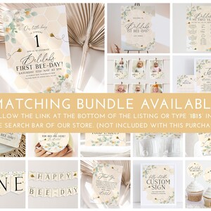 May include: A set of printable party decorations for a first birthday party with a bee theme. The decorations include a welcome sign, a time capsule, a food table sign, a banner, cupcake toppers, and a custom sign. The decorations are in a yellow and white color scheme with floral accents.