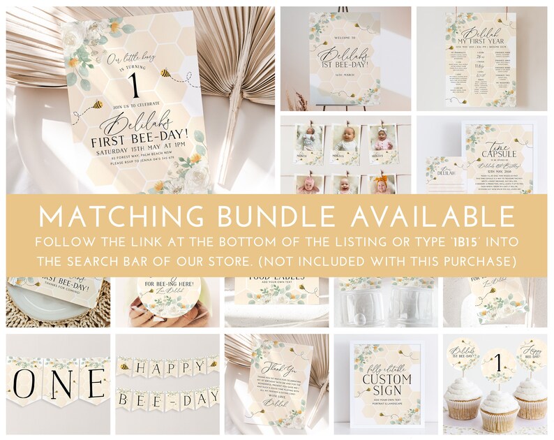 May include: A set of printable party decorations for a first birthday party with a bee theme. The decorations include a welcome sign, a time capsule, a food table sign, a banner, cupcake toppers, and a custom sign. The decorations are in a yellow and white color scheme with floral accents.