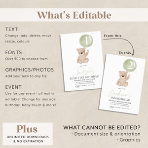 May include: Editable invitation template featuring a cartoon bear holding a balloon with the number 1. The text "Jackson's Bear-Y 1st Birthday!" is displayed on the invitation. The template is customizable with text, fonts, and graphics.