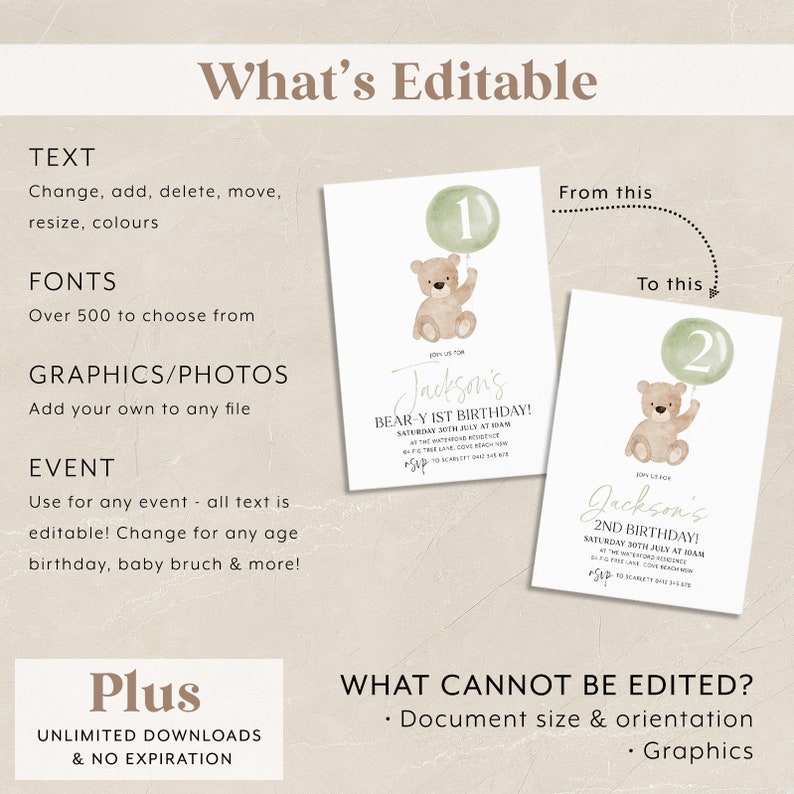 May include: Editable invitation template featuring a cartoon bear holding a balloon with the number 1. The text "Jackson's Bear-Y 1st Birthday!" is displayed on the invitation. The template is customizable with text, fonts, and graphics.