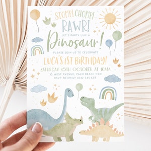 Dinosaur 1st Birthday Invitation Template, Dinosaur First Birthday, Dinosaur Birthday, Printable Birthday Invitation, 1st Birthday Boy Dino