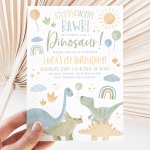 Dinosaur 1st Birthday Invitation Template, Dinosaur First Birthday, Dinosaur Birthday, Printable Birthday Invitation, 1st Birthday Boy Dino