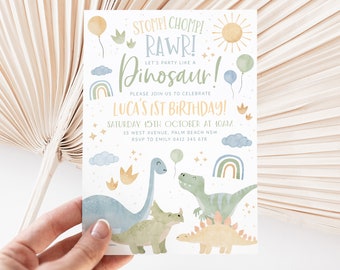 May include: A blue and green dinosaur birthday party invitation with a watercolor design. The invitation says "Stomp! Chomp! Rawr! Let's party like a Dinosaur!" and "Luca's 1st Birthday!" with details for the party.