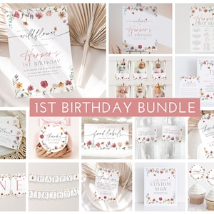 Wildflower 1st Birthday Invitation Bundle, Flower First Birthday Invitation, Wildflower Invitation, Floral 1st Birthday Decorations Girl