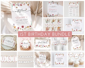 Wildflower 1st Birthday Invitation Bundle, Flower First Birthday Invitation, Wildflower Invitation, Floral 1st Birthday Decorations Girl