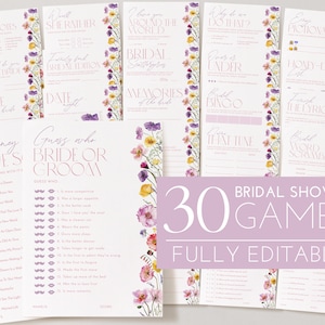 May include: A set of 30 printable bridal shower games with a floral theme. The games include "Guess Who Bride or Groom", "Disney Love's", "How Well Do You Know the Bride", "She Rather", "Advice for the Bride", "Date Night", "Memories of the Bride", "Bridal Bingo", "Bridal Scattergories", "Why Do We Do That", "Guess That Tune", "Bridal Word Scramble", "How-Do List", "Love the Lyrics", "Emoji Pictionary".