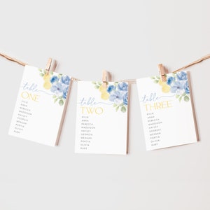 Main Squeeze Table Numbers, Blue Lemon Bridal Shower Table Numbers, Blue Citrus Floral Table Number Template Printable, Mediterranean Bridal