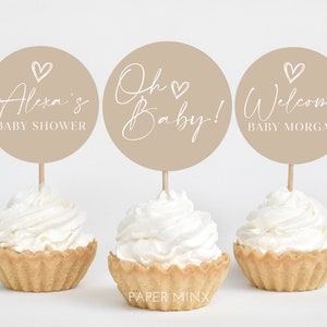 Neutral Cupcake Toppers, Minimal Baby Shower Cupcake Toppers, Printable Cupcake Toppers, Editable Cupcake Toppers, Beige Baby Shower Toppers