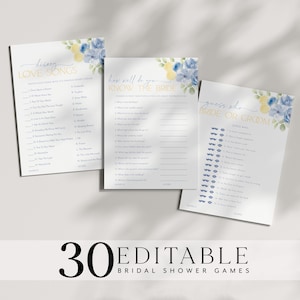 May include: Three printable bridal shower game cards with a watercolor floral design in shades of blue and yellow. The games are titled "Disney Love Songs", "How Well Do You Know The Bride?" and "Guess Who: Bride or Groom?"