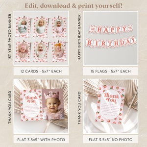 May include: A set of printable digital files for a first birthday party with a strawberry theme. The set includes 12 cards with photos, 15 flags for a banner, and two thank you cards, one with a photo and one without.