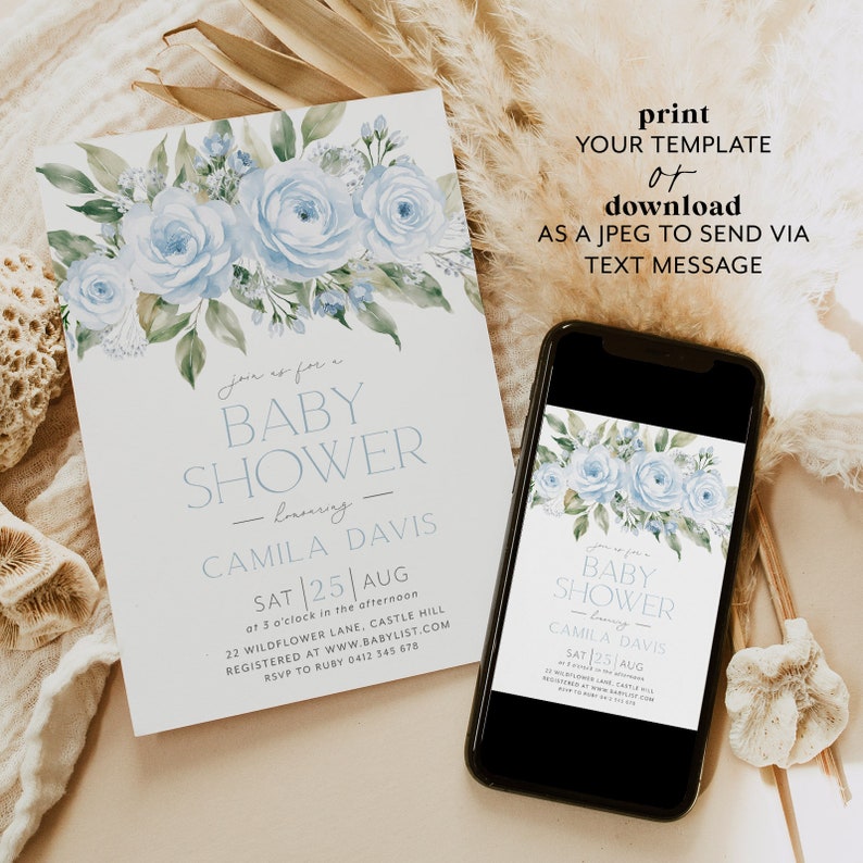 Baby Shower Invitation, Blue Floral Baby Shower Invitation, Blue Flower Invitation, Floral Baby Brunch, Blue Baby Shower Invitation Boy image 4