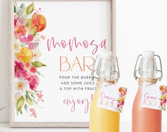 Citrus Momosa Bar Sign, Main Squeeze Mimosa Sign, Citrus Baby Shower Mom-osa Bar Sign, Juice Labels, Mimosa and Juice Labels Bright Orange