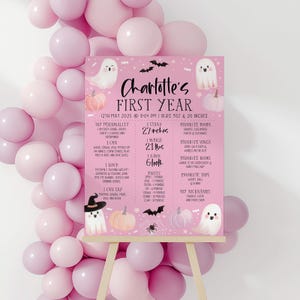 May include: A pink and white printable first birthday sign with a ghost and pumpkin theme. The sign includes the child's name, Charlotte, and details about her first year, including her height, weight, and favorite foods.