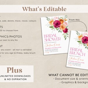 May include: Editable template for a bridal shower or brunch invitation. The design features a watercolor floral arrangement with pink, orange, and red flowers. The text reads "Bridal Shower" and "Bridal Brunch" with the name "Chelsea Davis" and the date and time of the event.