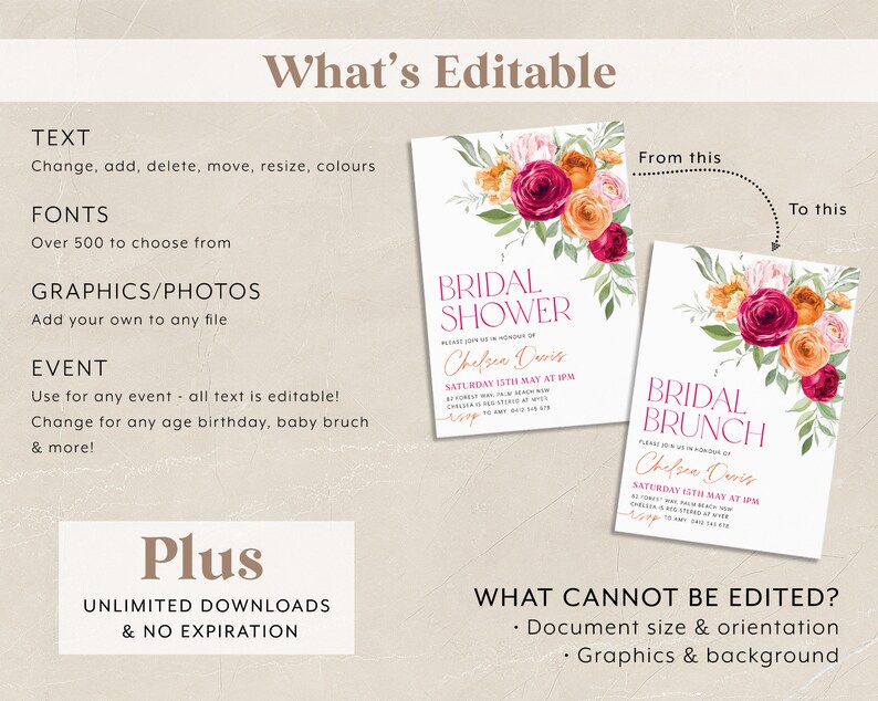 May include: Editable template for a bridal shower or brunch invitation. The design features a watercolor floral arrangement with pink, orange, and red flowers. The text reads "Bridal Shower" and "Bridal Brunch" with the name "Chelsea Davis" and the date and time of the event.