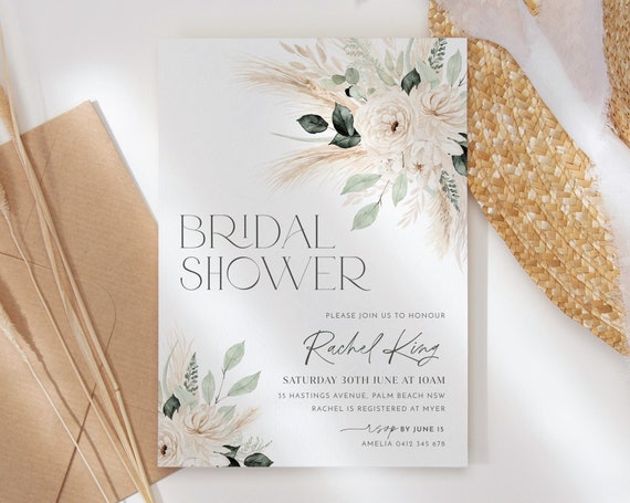Boho Bridal Shower Invitation Template, Greenery Bridal Shower Invite, Greenery Floral Kitchen Tea, Editable Boho Bridal Shower Template