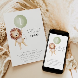 May include: A digital and printed invitation for a first birthday party. The invitation features a cartoon lion holding a green balloon with the number one on it. The text on the invitation reads "Wild One" and includes the party details.