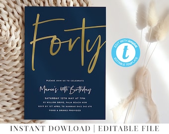 40th Birthday Invitation, Birthday Invitation Template, Gold Foil, Printable 40th Invitation, 40, Forty, Navy and Gold Party