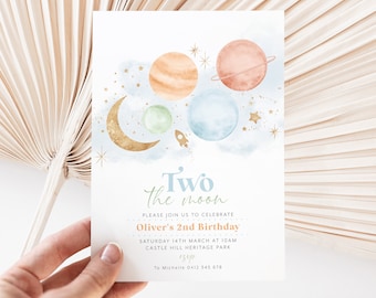 May include: A light-colored invitation card featuring a watercolor design of planets, stars, and a crescent moon. The text reads "Two the moon" and includes party details for Oliver's 2nd birthday.