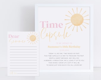 May include: A printable time capsule for a child's 18th birthday. The design features a yellow sun with a pink "Time Capsule" title and instructions to be opened on Summer's 18th Birthday, 12.05.2041. The text includes a message about writing a sweet message, a memory, or a prediction for the future.