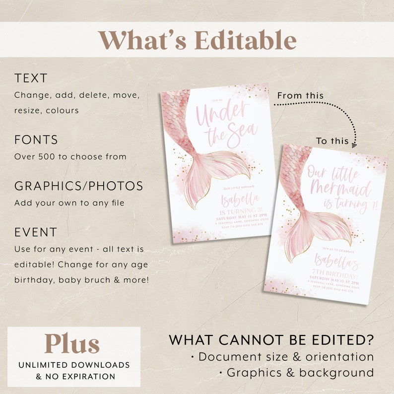 Mermaid Birthday Invitation, Mermaid 3rd Birthday Girl, Under the Sea Editable Template, Mermaid Party Peach Pink Invite 4th 5th 6th 7th Bild 6