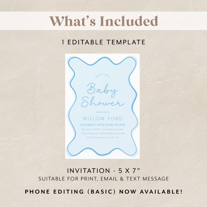 Blue Baby Shower Invitation Boy, Wavy Invitation, Curve Invite, Wave Invitation, Modern Baby Shower, Blue Baby Shower, Baby Boy Shower image 5