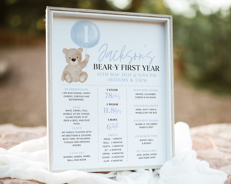 Beary First Birthday Milestone Sign, Bear 1st Birthday Milestone Board ...