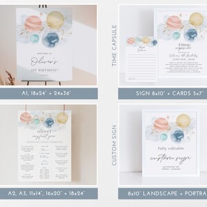 May include: A set of printable signs for a first birthday party with a space theme. The signs feature watercolour planets in shades of blue, pink, and yellow with gold glitter accents. The signs include a welcome sign, a milestone sign, a time capsule sign, and a custom sign. The signs are available in various sizes, including 18x24 inches, 24x36 inches, 8x10 inches, and 5x7 inches.