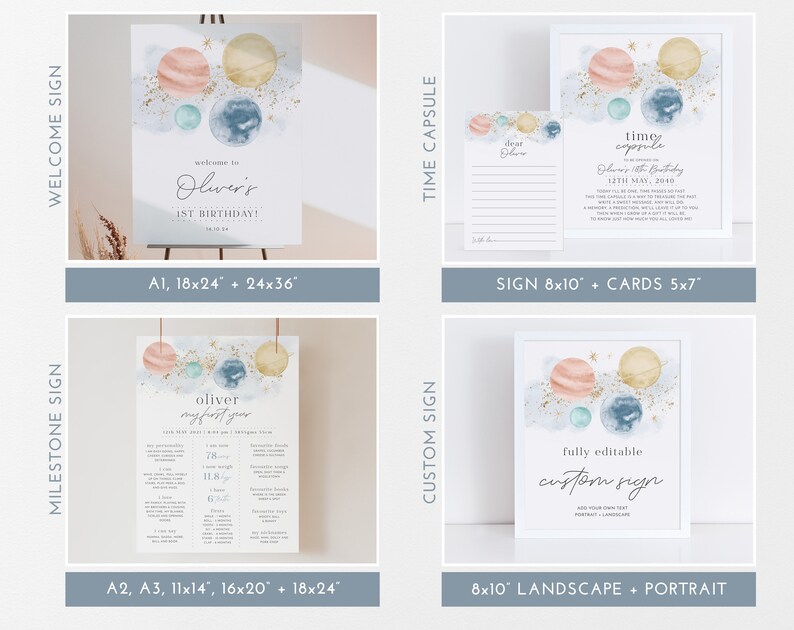 May include: A set of printable signs for a first birthday party with a space theme. The signs feature watercolour planets in shades of blue, pink, and yellow with gold glitter accents. The signs include a welcome sign, a milestone sign, a time capsule sign, and a custom sign. The signs are available in various sizes, including 18x24 inches, 24x36 inches, 8x10 inches, and 5x7 inches.
